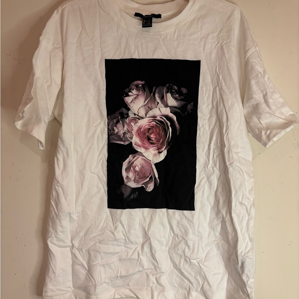Forever 21 White Tee with Pink Rose Graphic